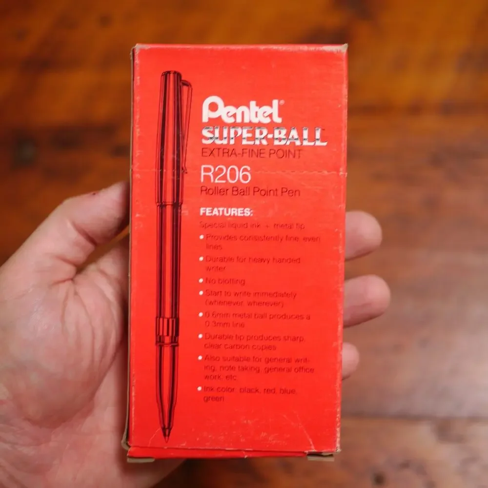Box of 12 Vtg NEW Deadstock PENTEL Red SUPER-BALL Extra Fine Point Pen R206-B